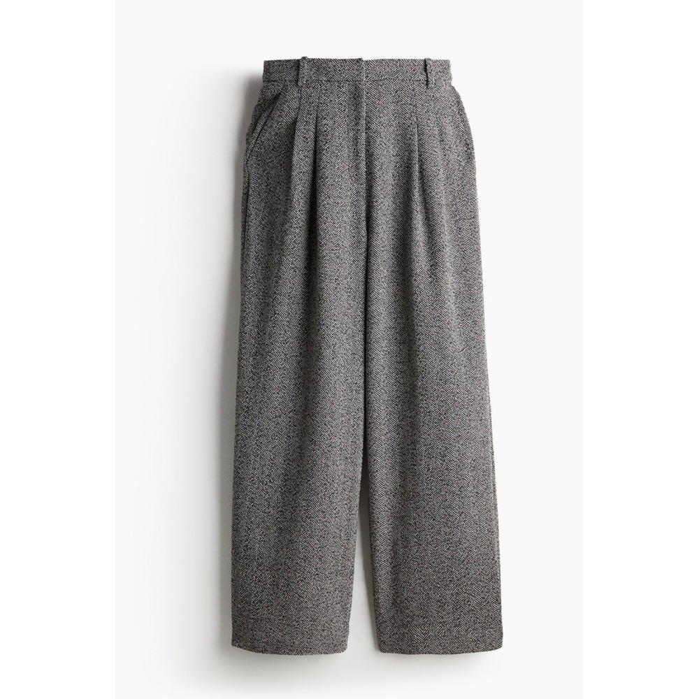 H&M Grey Herringbone Wide Leg Pleated Trousers High Waist Dress Pants Womens 2